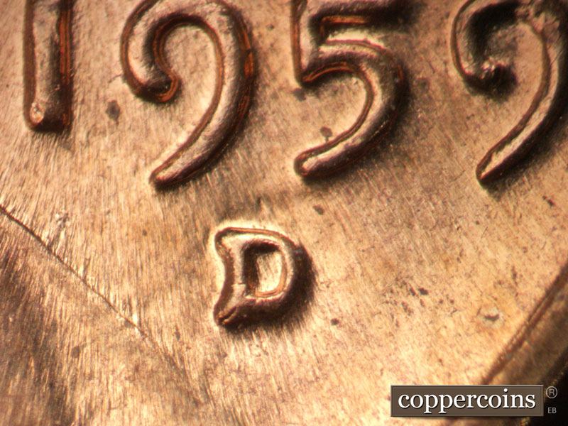 1959 Lincoln cent obverse, CopperCoins die 1959D•1MM•022.