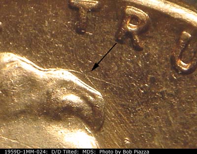 Die-stage B marker on 1959D•1MM•024 (1959 Repunched Mint Mark).