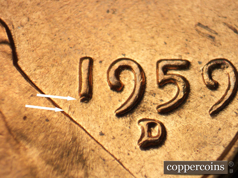 Die-stage A marker on 1959D•1MM•026 (1959 Repunched Mint Mark).