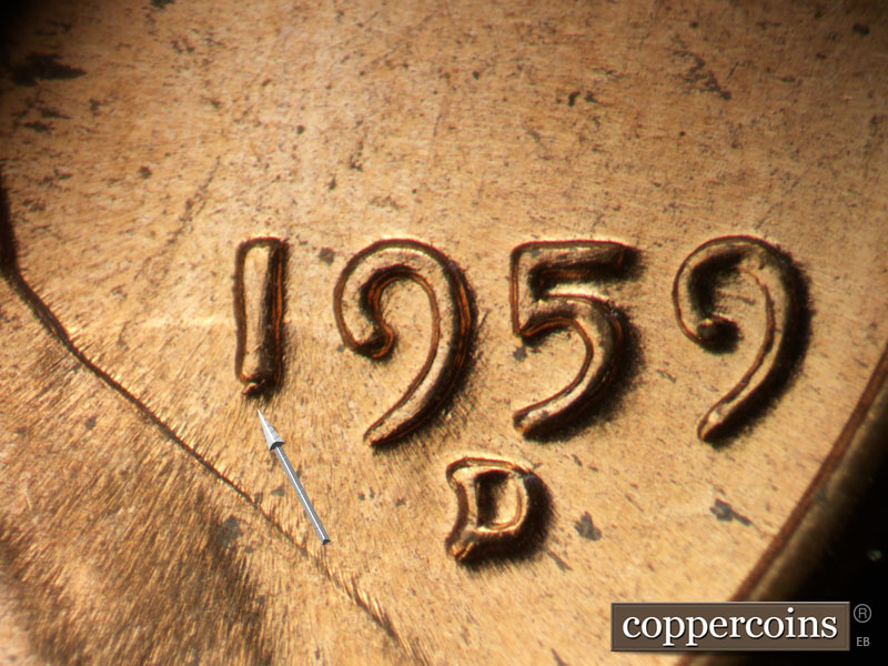 Die-stage B marker on 1959D•1MM•026 (1959 Repunched Mint Mark).
