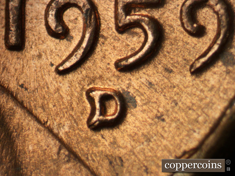 1959 Lincoln cent obverse, CopperCoins die 1959D•1MM•027.