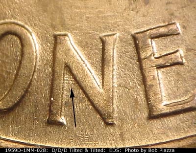 Die-stage A marker on 1959D•1MM•028 (1959 Repunched Mint Mark).