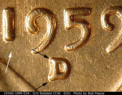Die-stage A marker on 1959D•1MM•034 (1959 Repunched Mint Mark).