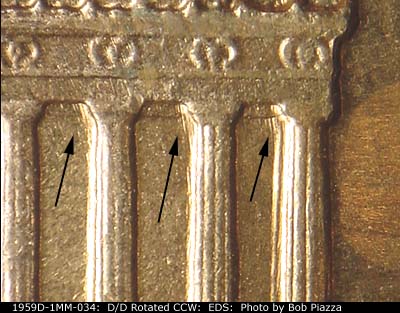 Die-stage A marker on 1959D•1MM•034 (1959 Repunched Mint Mark).