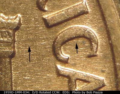 Die-stage A marker on 1959D•1MM•034 (1959 Repunched Mint Mark).