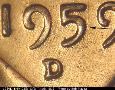 Die-stage A marker on 1959D•1MM•035 (1959 Repunched Mint Mark).