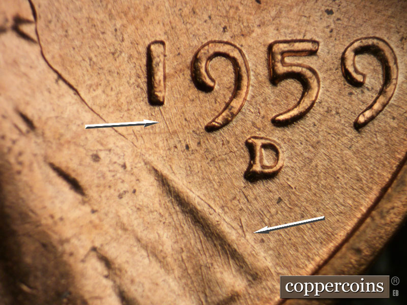 Die-stage B marker on 1959D•1MM•038 (1959 Repunched Mint Mark).
