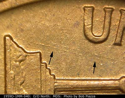 Die-stage B marker on 1959D•1MM•040 (1959 Repunched Mint Mark).