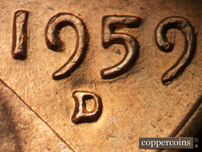 1959 Lincoln cent obverse, CopperCoins die 1959D•1MM•053.