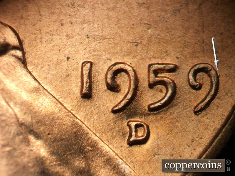 Die-stage B marker on 1959D•1MM•053 (1959 Repunched Mint Mark).