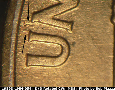 Die-stage B marker on 1959D•1MM•054 (1959 Repunched Mint Mark).