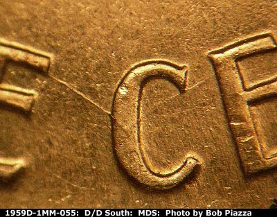 Die-stage B marker on 1959D•1MM•055 (1959 Repunched Mint Mark).