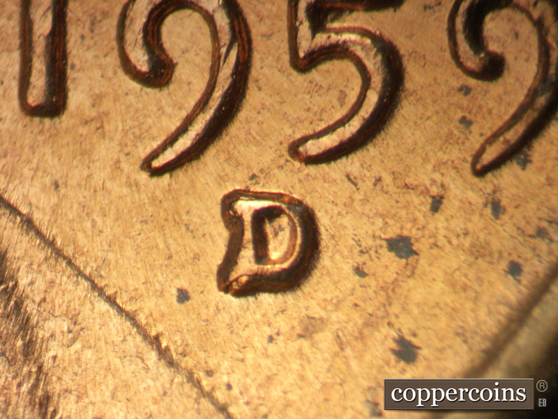 1959 Lincoln cent obverse, CopperCoins die 1959D•1MM•057.