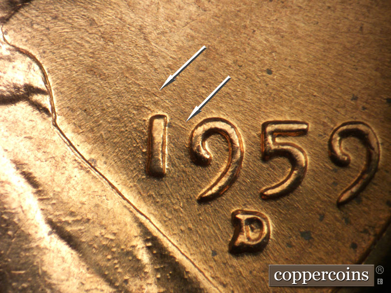 Die-stage B marker on 1959D•1MM•057 (1959 Repunched Mint Mark).