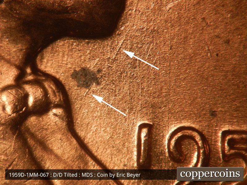 Die-stage B marker on 1959D•1MM•067 (1959 Repunched Mint Mark).