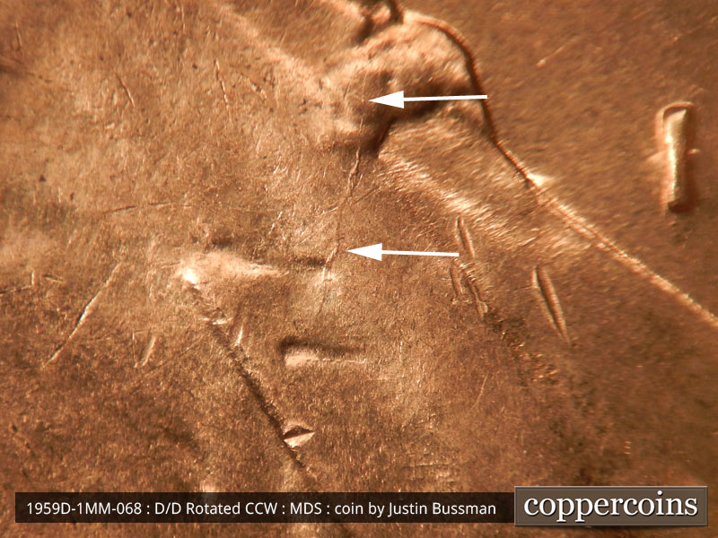 Die-stage B marker on 1959D•1MM•068 (1959 Repunched Mint Mark).