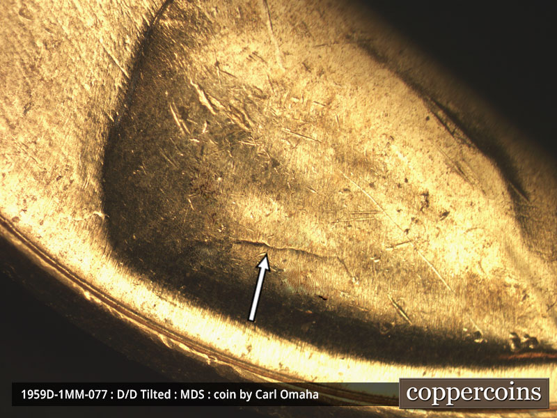 Die-stage B marker on 1959D•1MM•077 (1959 Repunched Mint Mark).