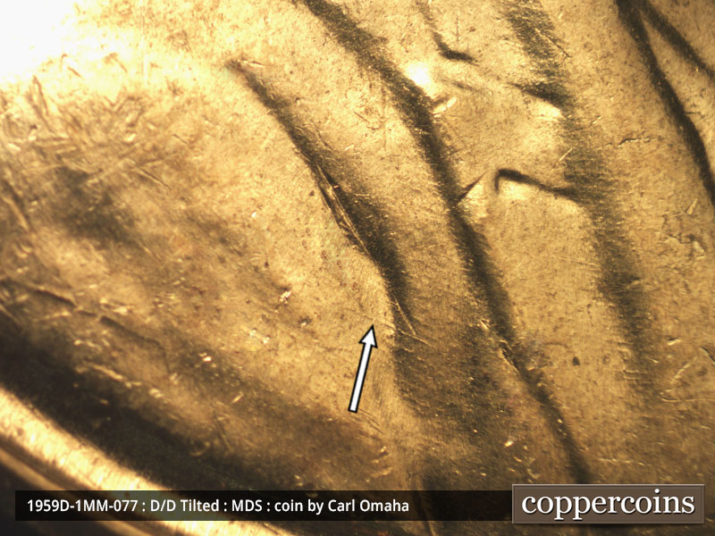 Die-stage B marker on 1959D•1MM•077 (1959 Repunched Mint Mark).