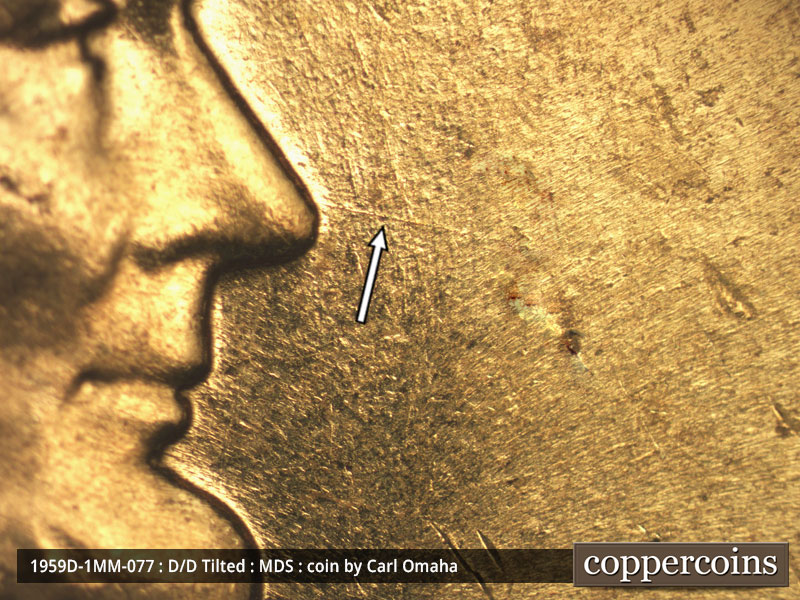 Die-stage B marker on 1959D•1MM•077 (1959 Repunched Mint Mark).