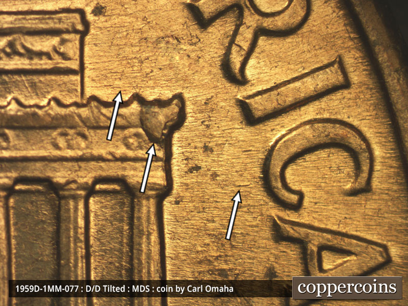 Die-stage B marker on 1959D•1MM•077 (1959 Repunched Mint Mark).