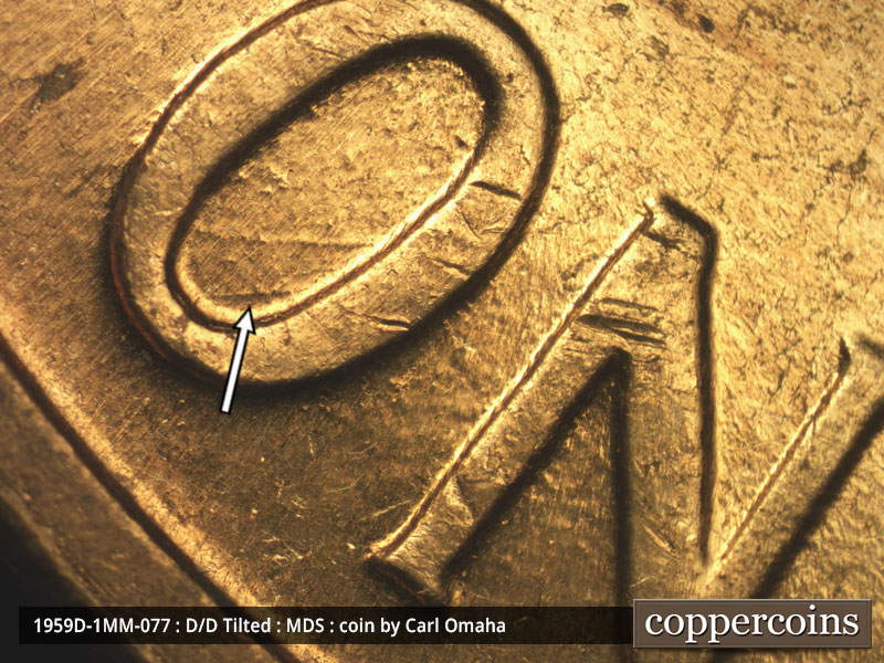 Die-stage B marker on 1959D•1MM•077 (1959 Repunched Mint Mark).