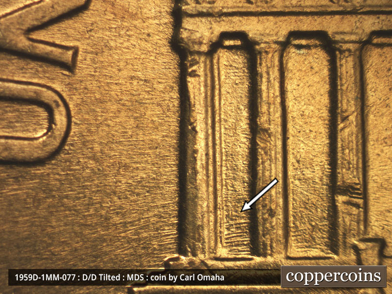 Die-stage B marker on 1959D•1MM•077 (1959 Repunched Mint Mark).