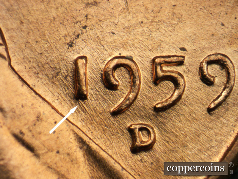 Die-stage B marker on 1959D•1MM•090 (1959 Repunched Mint Mark).