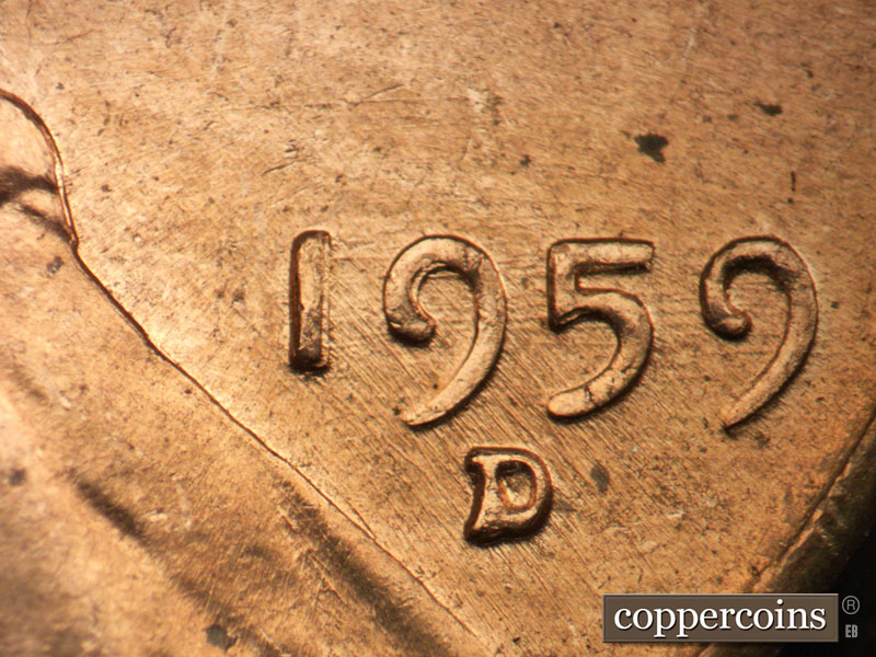 Die-stage B marker on 1959D•1MM•101 (1959 Repunched Mint Mark).