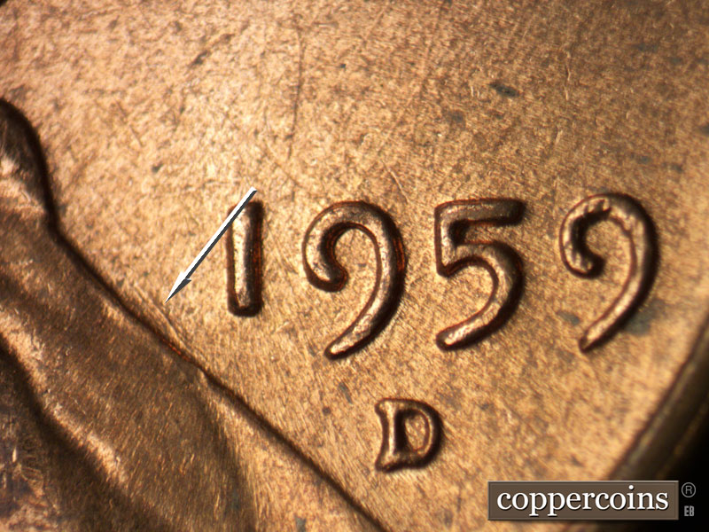 Die-stage B marker on 1959D•1MM•105 (1959 Repunched Mint Mark).