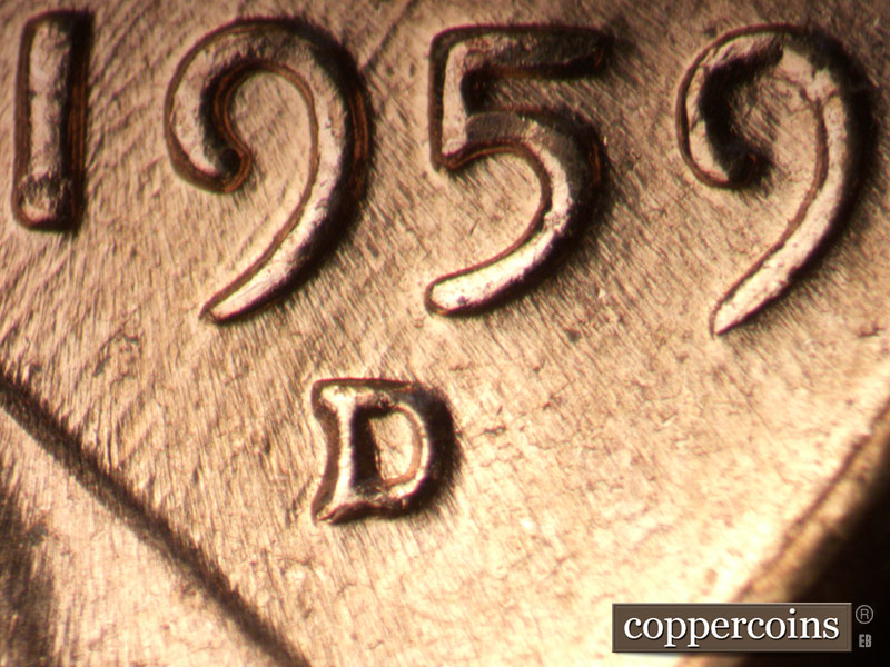 1959 Lincoln cent obverse, CopperCoins die 1959D•1MM•121.