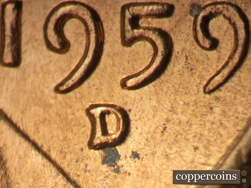 1959 Lincoln cent obverse, CopperCoins die 1959D•1MM•123.