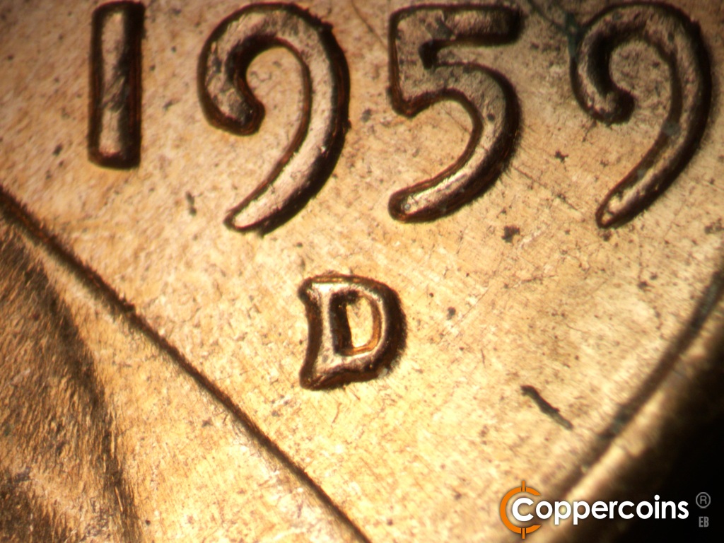 Die-stage B marker on 1959D•1MM•127 showing Closeup of repunched mint mark.
