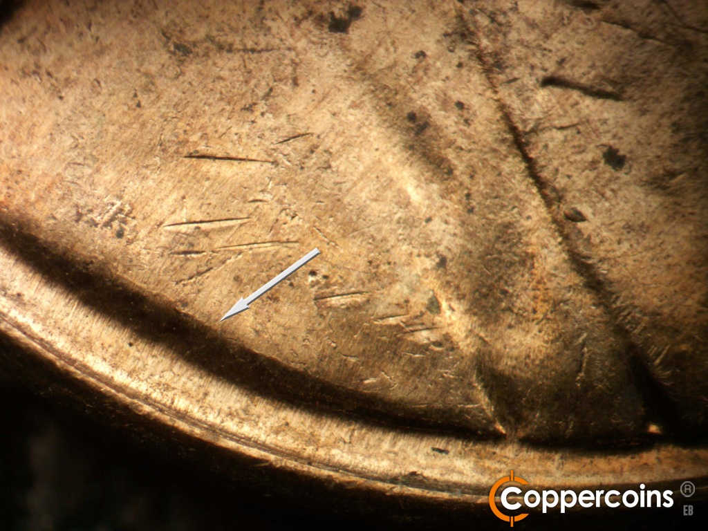 Die-stage B marker on 1959D•1MM•127 showing Die crack above VDB.