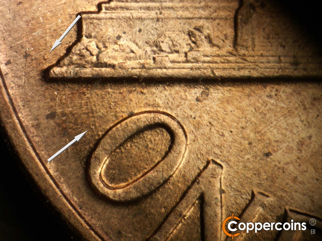 Die-stage B marker on 1959D•1MM•127 showing Worn die scratch from base to O in ONE.