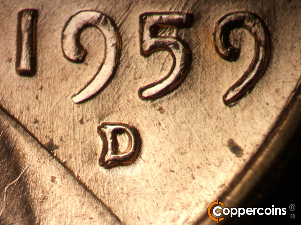 Die-stage B marker on 1959D•1MM•129 showing Closeup of repunched mint mark.