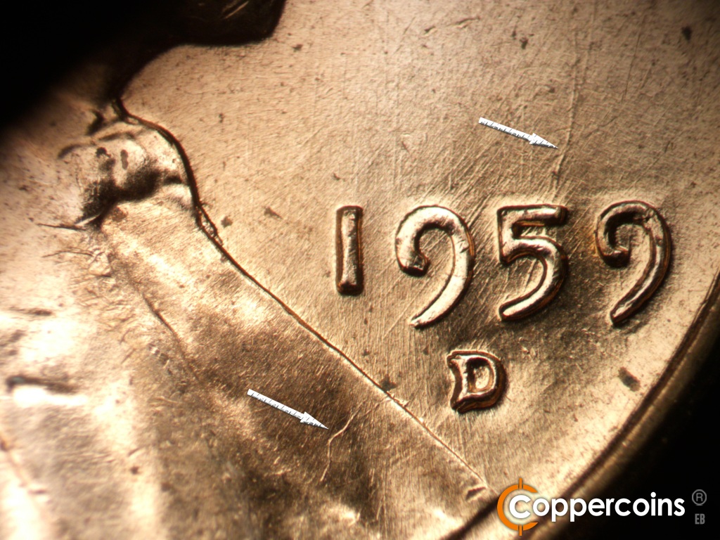 Die-stage B marker on 1959D•1MM•129 showing Die gouge through 5 in date.