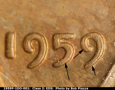 Die-stage A marker on 1959P•1DO•001 (1959 Doubled Die Obverse).