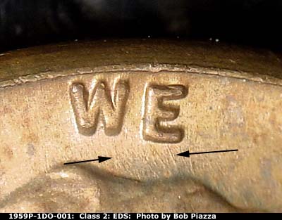 Die-stage A marker on 1959P•1DO•001 (1959 Doubled Die Obverse).