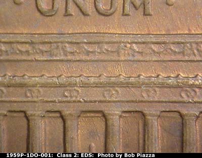 Die-stage A marker on 1959P•1DO•001 (1959 Doubled Die Obverse).