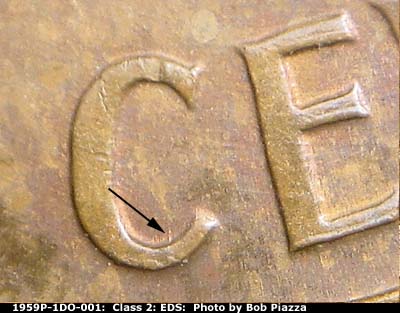 Die-stage A marker on 1959P•1DO•001 (1959 Doubled Die Obverse).
