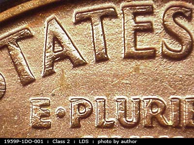 Die-stage C marker on 1959P•1DO•001 (1959 Doubled Die Obverse).