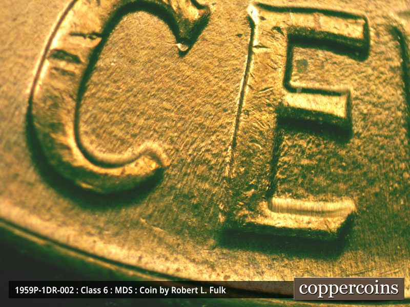 Die-stage B marker on 1959P•1DR•002 (1959 Doubled Die Reverse).