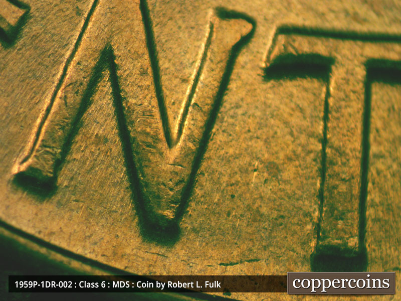 Die-stage B marker on 1959P•1DR•002 (1959 Doubled Die Reverse).