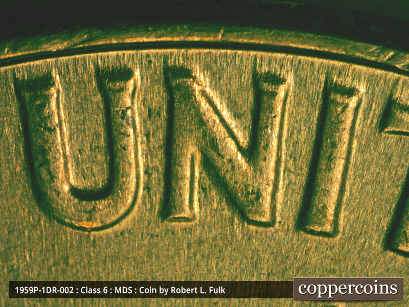 Die-stage B marker on 1959P•1DR•002 (1959 Doubled Die Reverse).