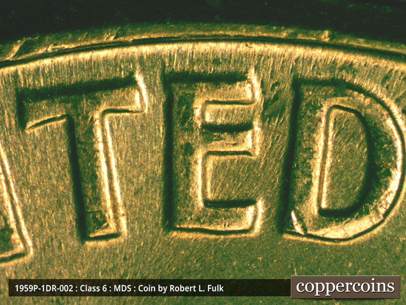 Die-stage B marker on 1959P•1DR•002 (1959 Doubled Die Reverse).