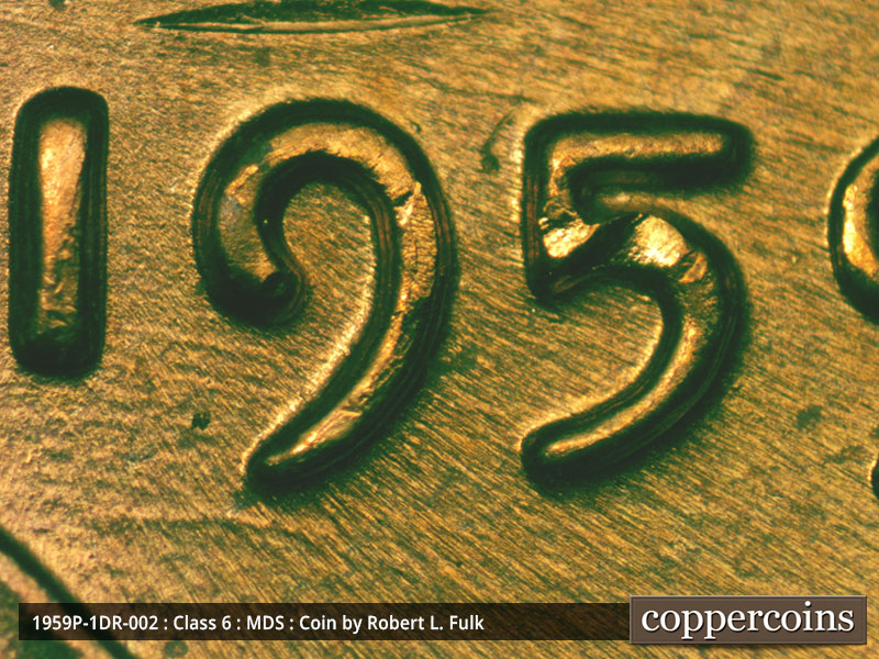 Die-stage B marker on 1959P•1DR•002 (1959 Doubled Die Reverse).