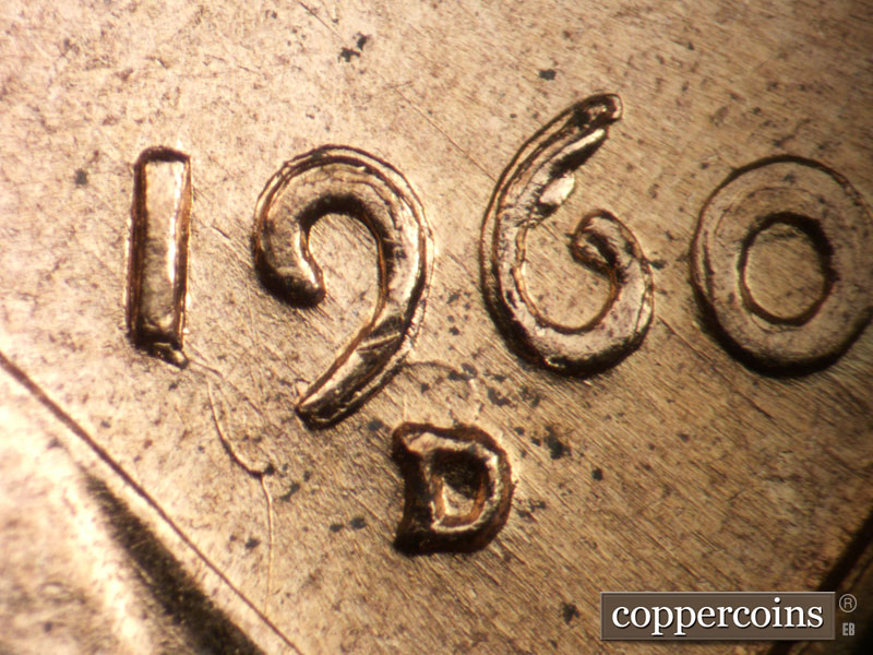 1960 Lincoln cent obverse, CopperCoins die 1960D•1DO•001 — A die crack runs from the bottom of the 1 in the date south to the vest,NW-SE die scratches run through the date.
