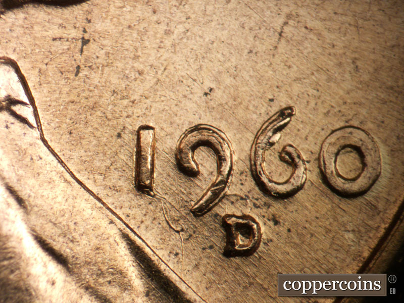 Die-stage B marker on 1960D•1DO•001 showing Date for reference, NW-SE die scratches run through the date.