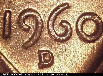 1960 Lincoln cent obverse, CopperCoins die 1960D•1DO•002 — Doubling to the north shows on RTY of LIBERTY and the date. Light N/S die scratches.