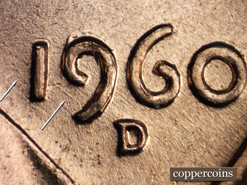 1960 Lincoln cent obverse, CopperCoins die 1960D•1DO•003 — NW die scratch between 19 indate.